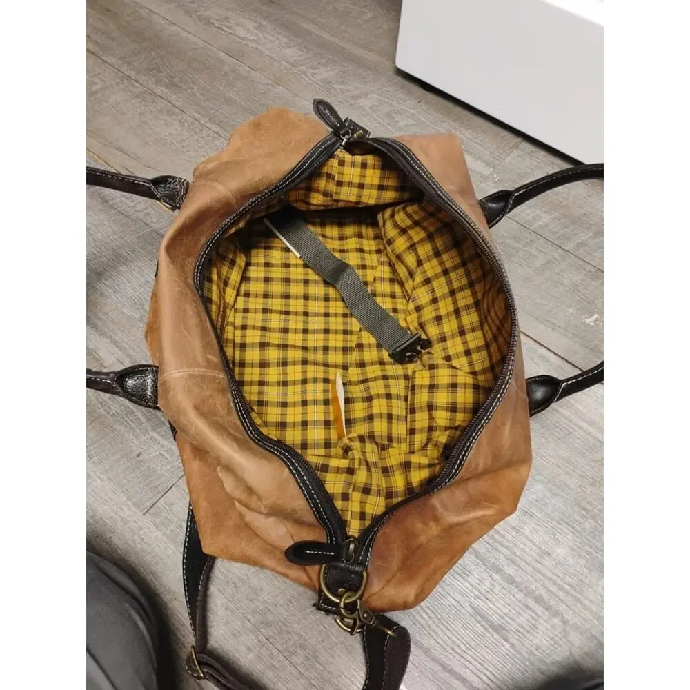 Vintage 90s Timberland Brown 100% Leather Duffle Bag Carry On Weekender Strap
